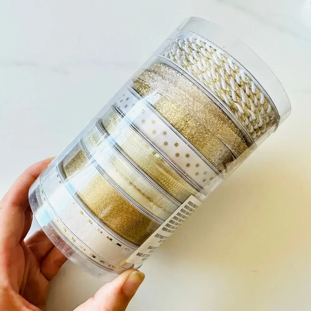 8 NEW White Gold Sparkle Gift Ribbon Boxed Set Christmas Wrapping Holiday